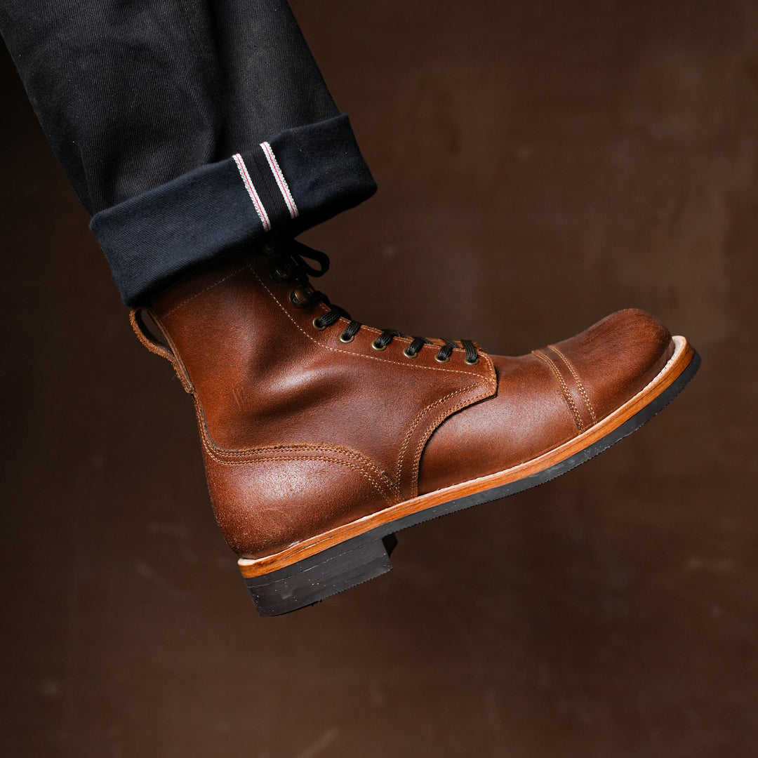 The Brandon Cap Toe Boots (Russet Waxed Roughout) (Munson Last - Goodyear Welted)