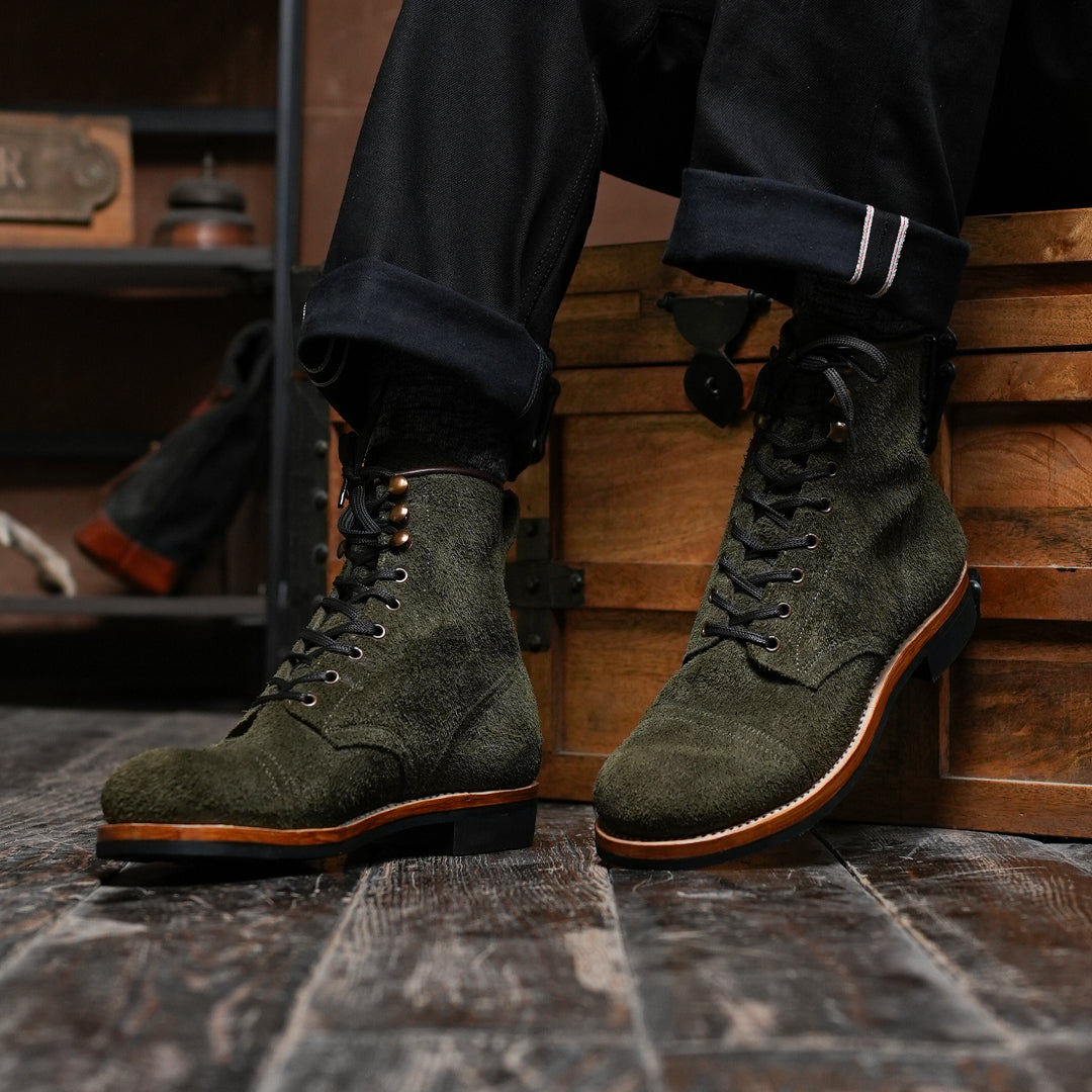 The Brandon Cap Toe Boots (Grizzly Green Roughout) (Munson Last - Goodyear Welted)