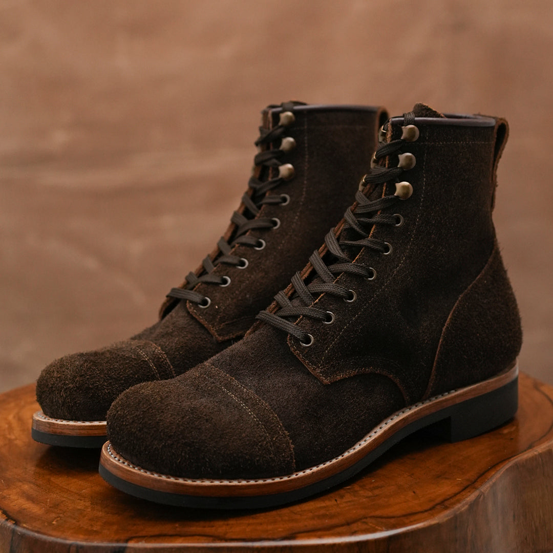 The Brandon Cap Toe Boots (Grizzly Brown Roughout) (Munson Last - Goodyear Welted)