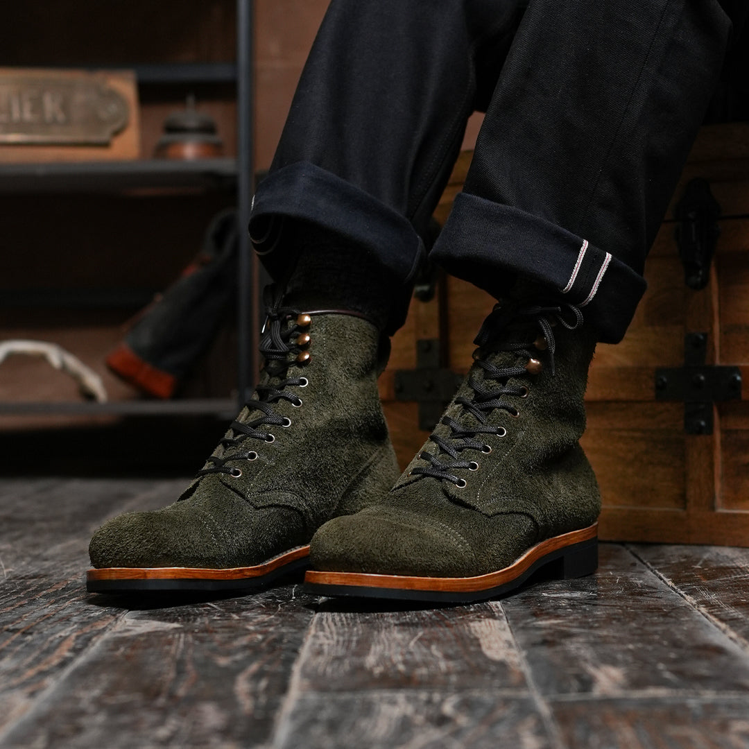 The Brandon Cap Toe Boots (Grizzly Green Roughout) (Munson Last - Goodyear Welted)