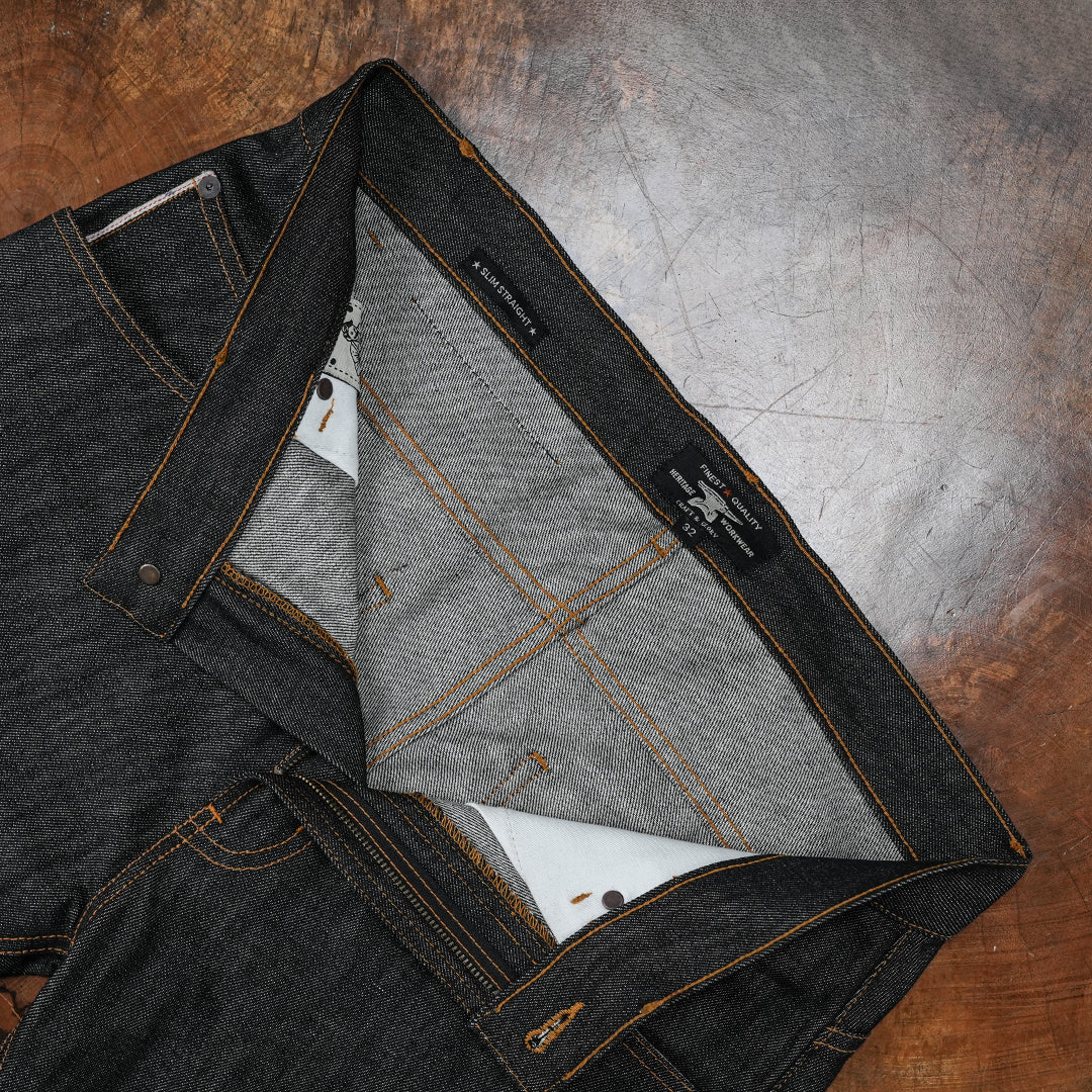 Five Pocket Ghost Black 13 Oz Selvedge Denim For Men (Slim Straight)
