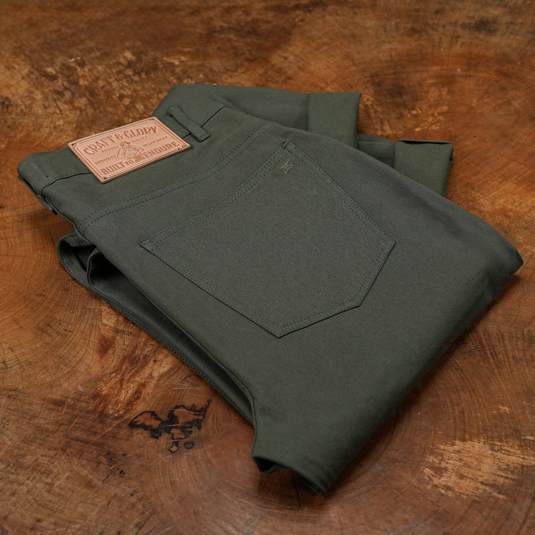 Five Pocket Military Green 12 Oz Selvedge Canvas Pants For Men (True Straight)