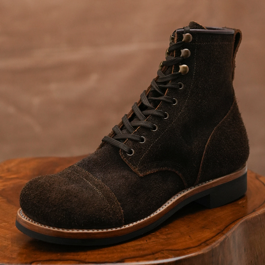 The Brandon Cap Toe Boots (Grizzly Brown Roughout) (Munson Last - Goodyear Welted)