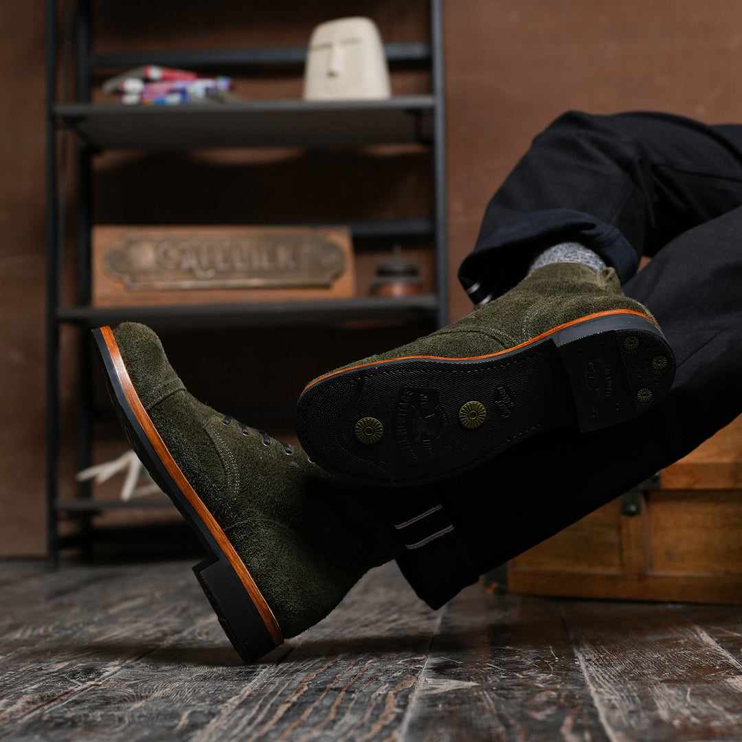 The Brandon Cap Toe Boots (Grizzly Green Roughout) (Munson Last - Goodyear Welted)