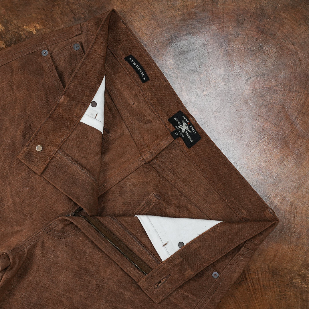 Five Pocket Bear Brown 12 Oz Hard Waxed Canvas Pants For Men (True Straight)