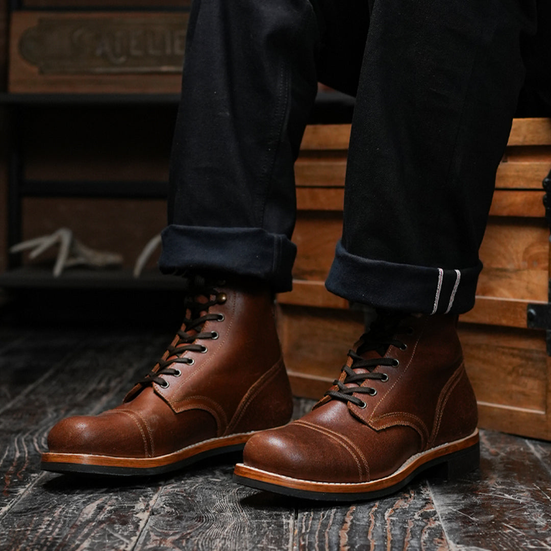 The Brandon Cap Toe Boots (Russet Waxed Roughout) (Munson Last - Goodyear Welted)