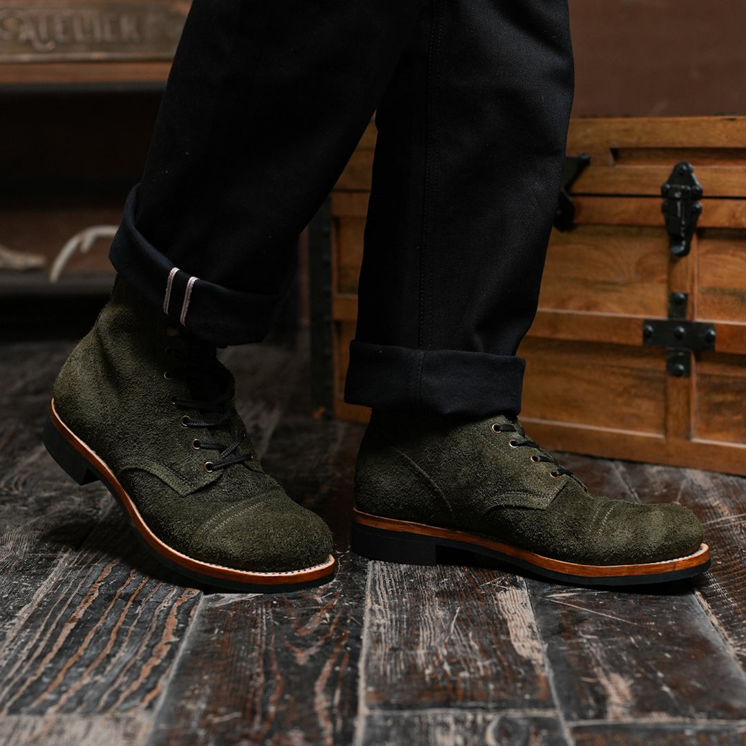 The Brandon Cap Toe Boots (Grizzly Green Roughout) (Munson Last - Goodyear Welted)