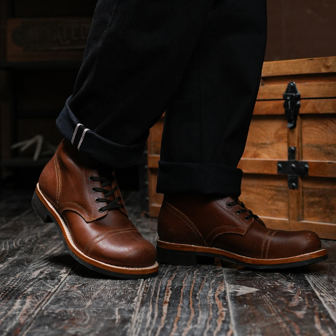 The Brandon Cap Toe Boots (Russet Waxed Roughout) (Munson Last - Goodyear Welted)