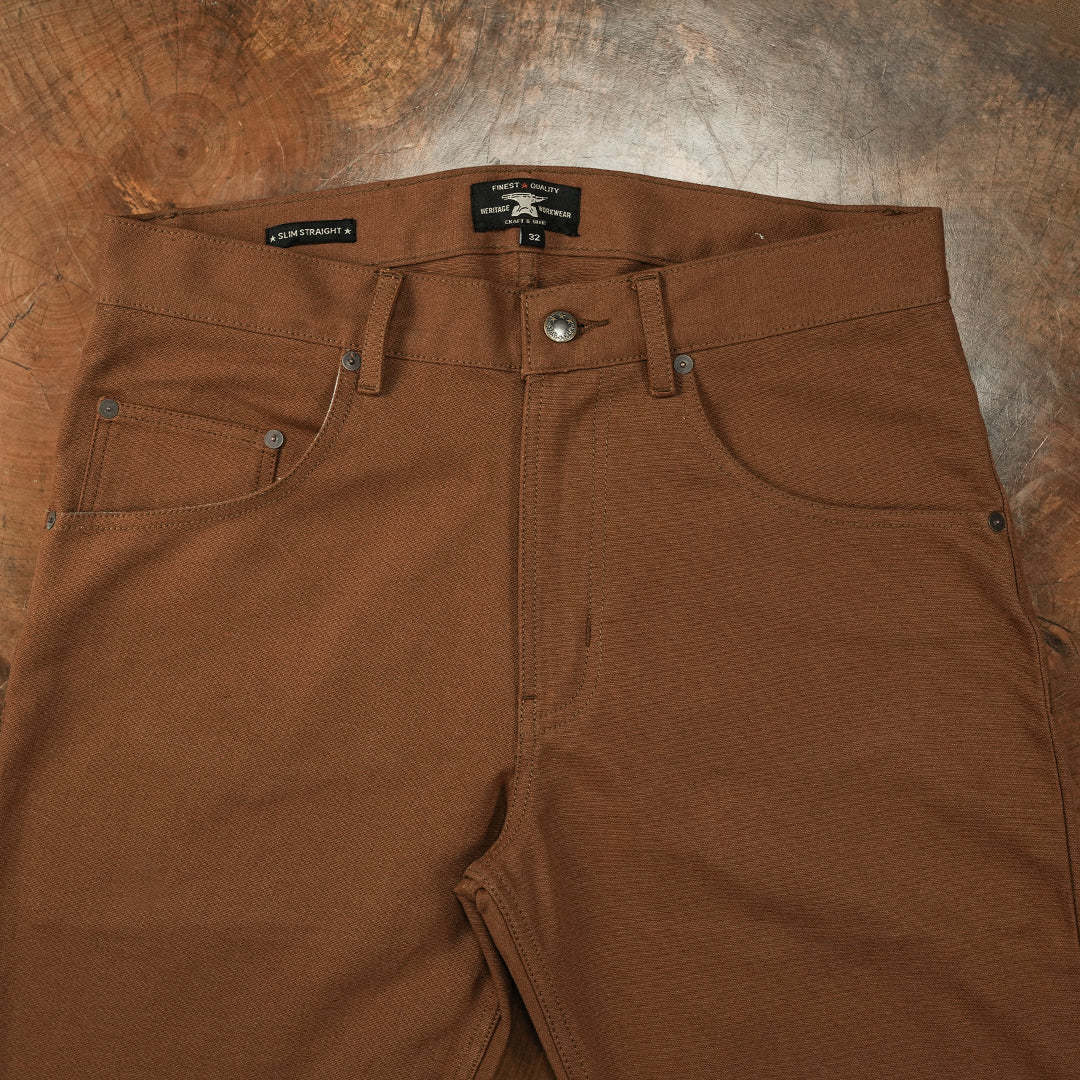 Five Pocket Fox Brown 12 Oz Duck Canvas Pants For Men (Slim Straight)
