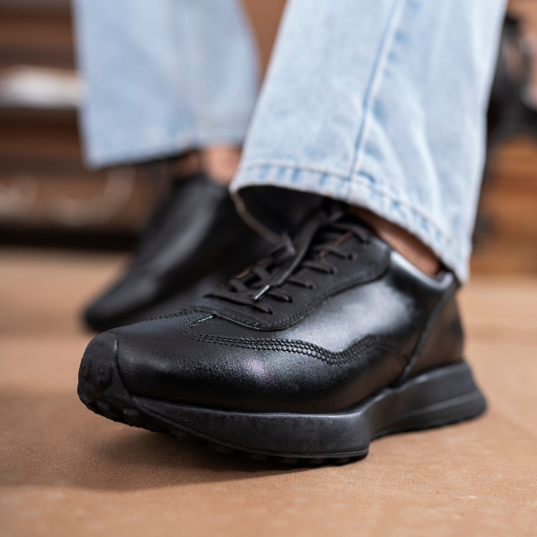 Classic Retro Leather Sneakers (Raven Black With Black Sole)