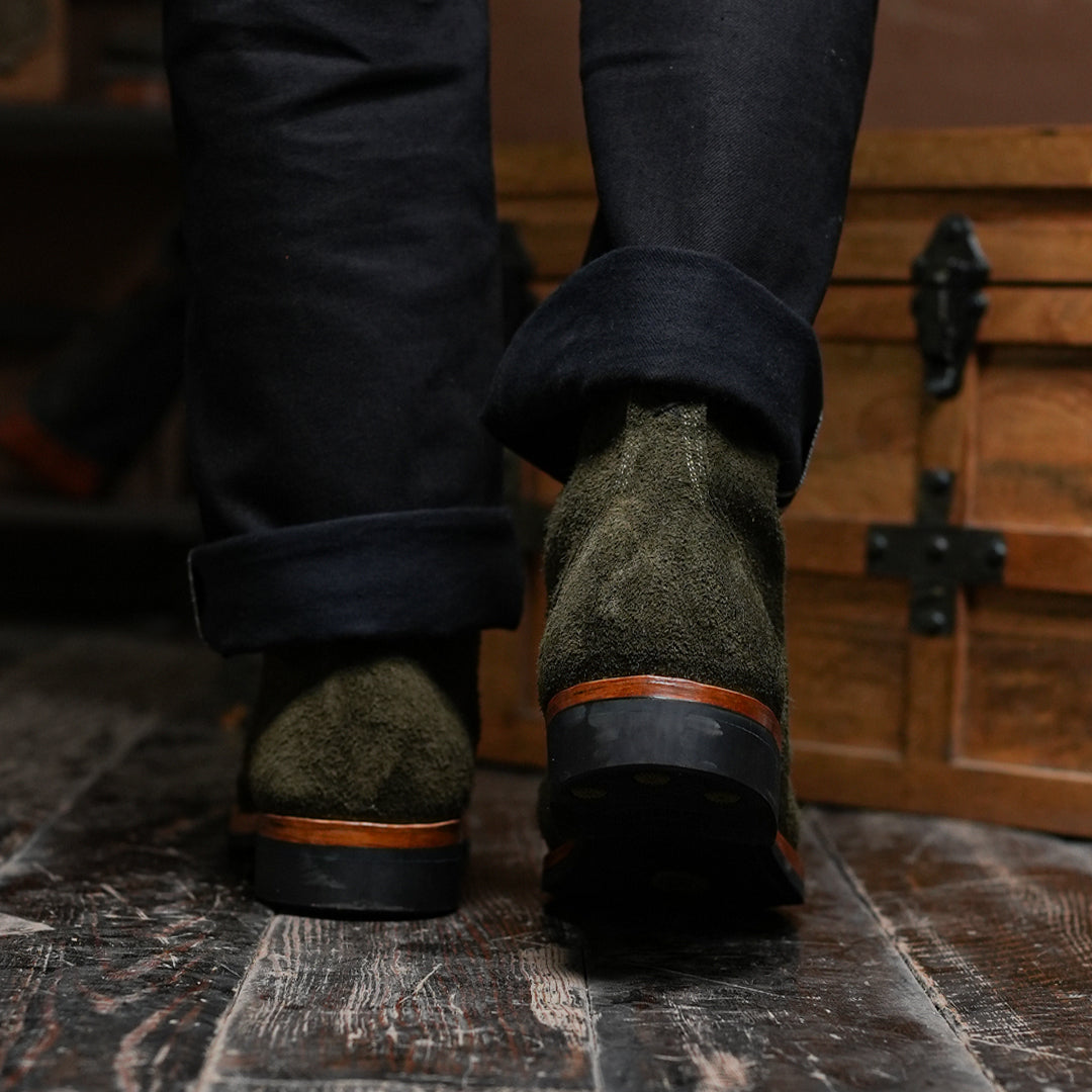 The Brandon Cap Toe Boots (Grizzly Green Roughout) (Munson Last - Goodyear Welted)