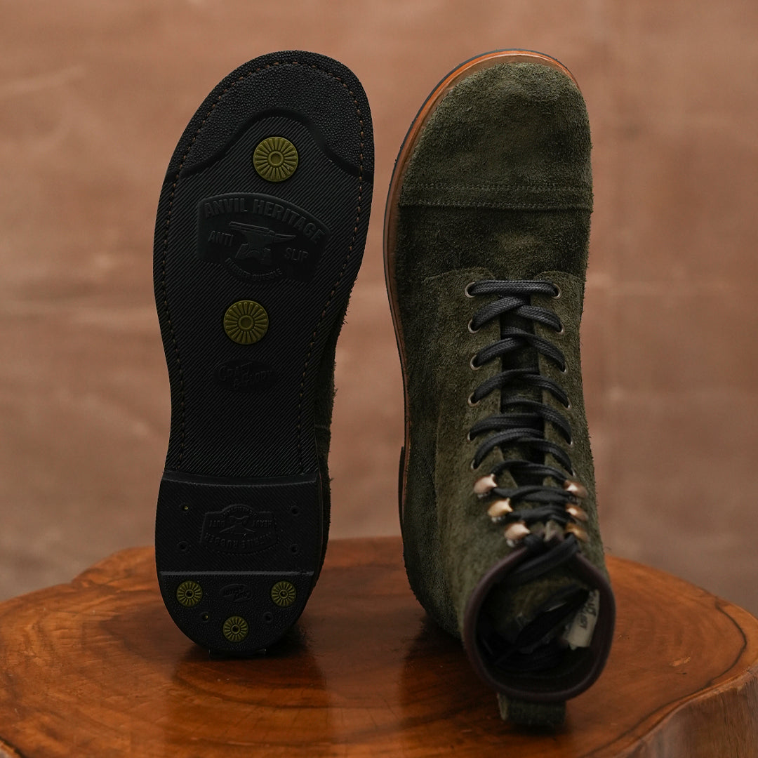 The Brandon Cap Toe Boots (Grizzly Green Roughout) (Munson Last - Goodyear Welted)