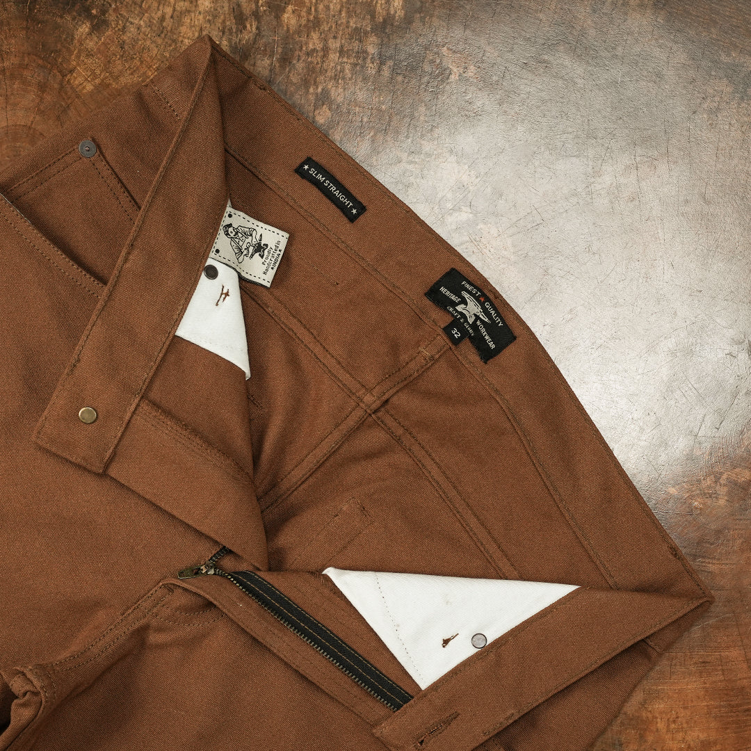 Five Pocket Fox Brown 12 Oz Duck Canvas Pants For Men (Slim Straight)