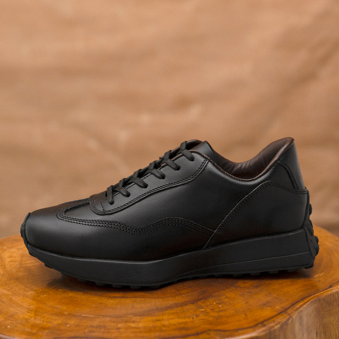 Classic Retro Leather Sneakers (Raven Black With Black Sole)