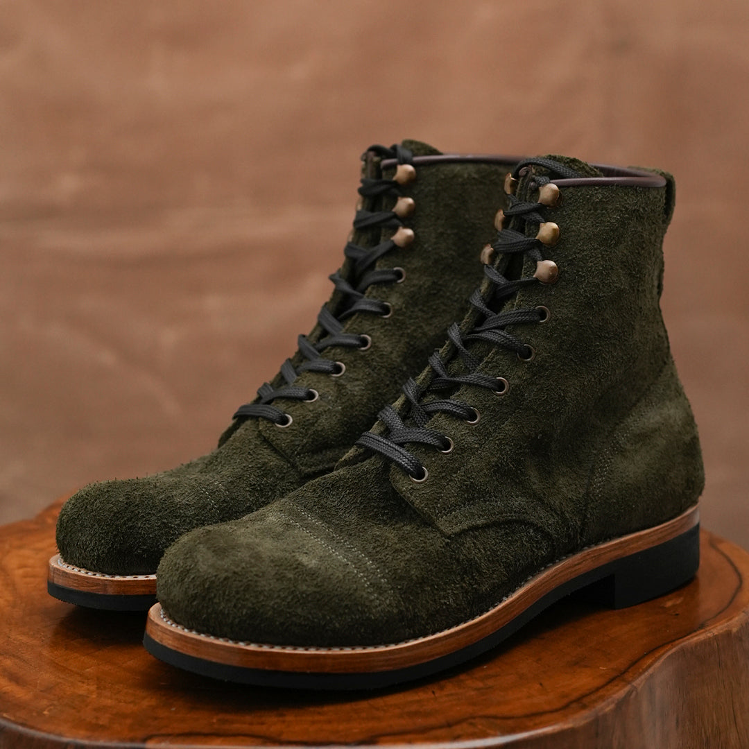 The Brandon Cap Toe Boots (Grizzly Green Roughout) (Munson Last - Goodyear Welted)