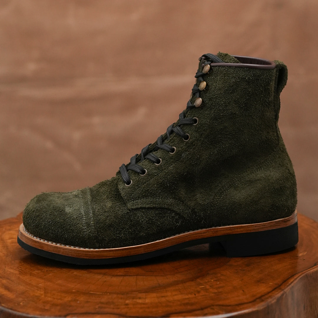 The Brandon Cap Toe Boots (Grizzly Green Roughout) (Munson Last - Goodyear Welted)