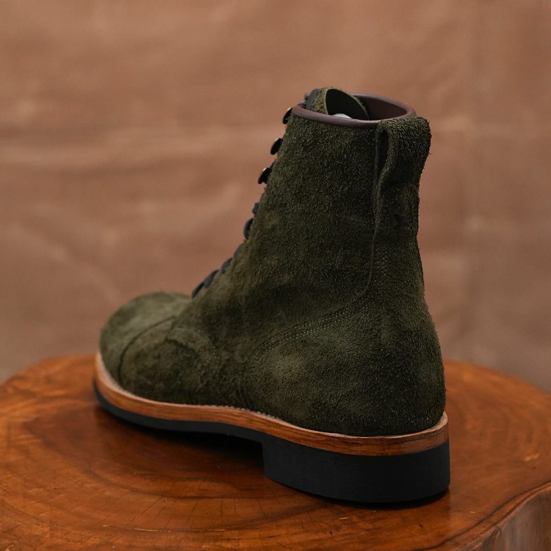 The Brandon Cap Toe Boots (Grizzly Green Roughout) (Munson Last - Goodyear Welted)