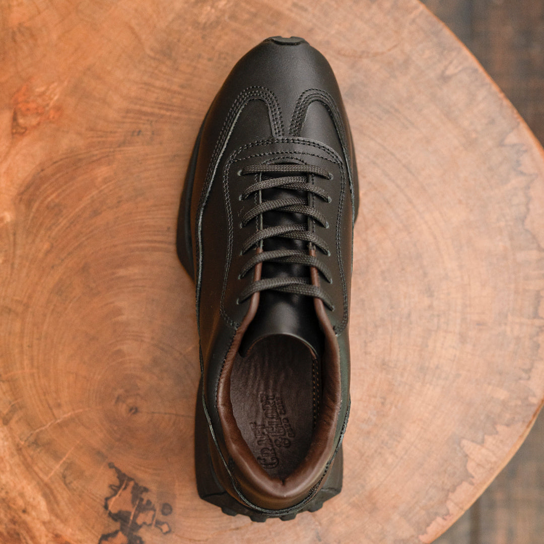 Classic Retro Leather Sneakers (Raven Black With Black Sole)