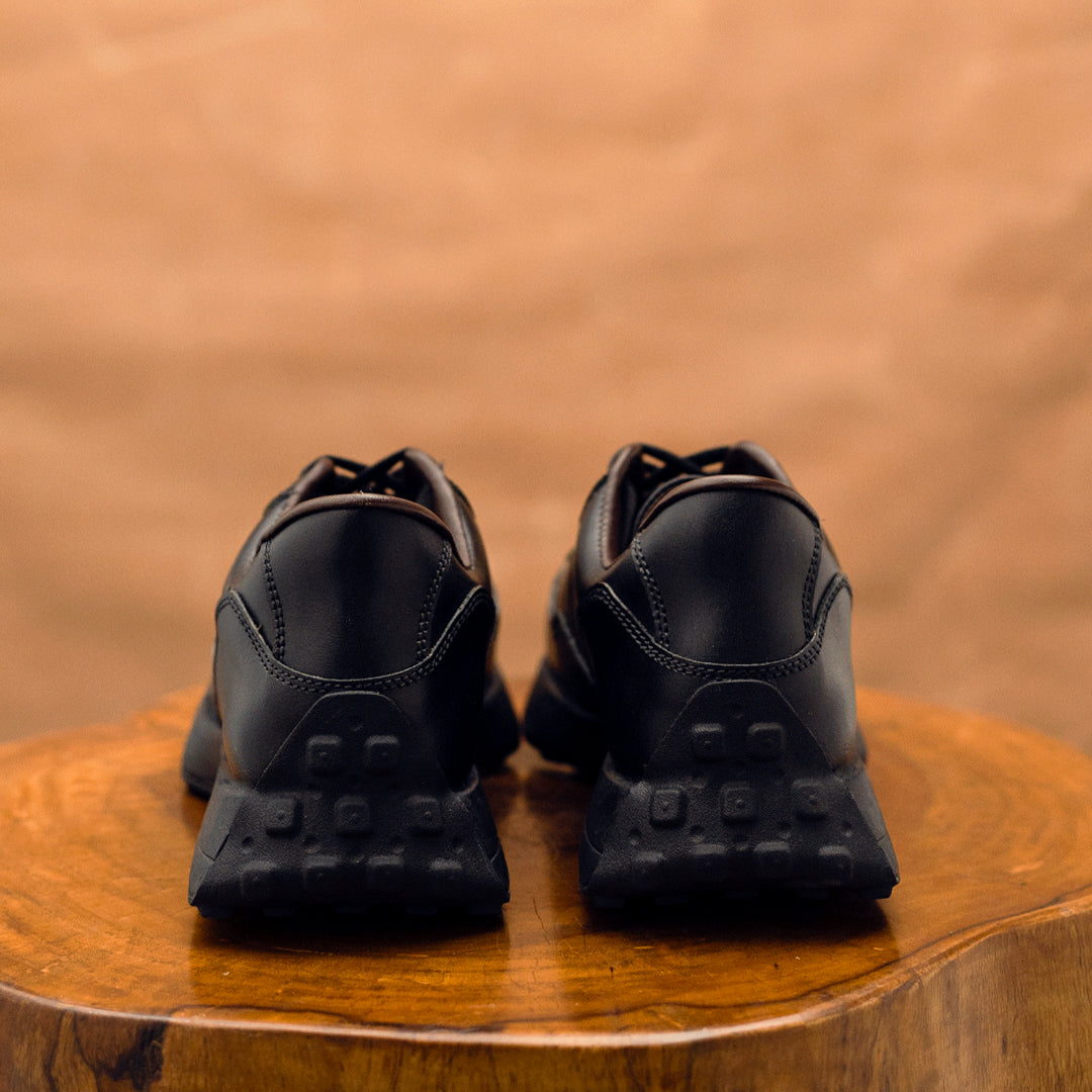 Classic Retro Leather Sneakers (Raven Black With Black Sole)