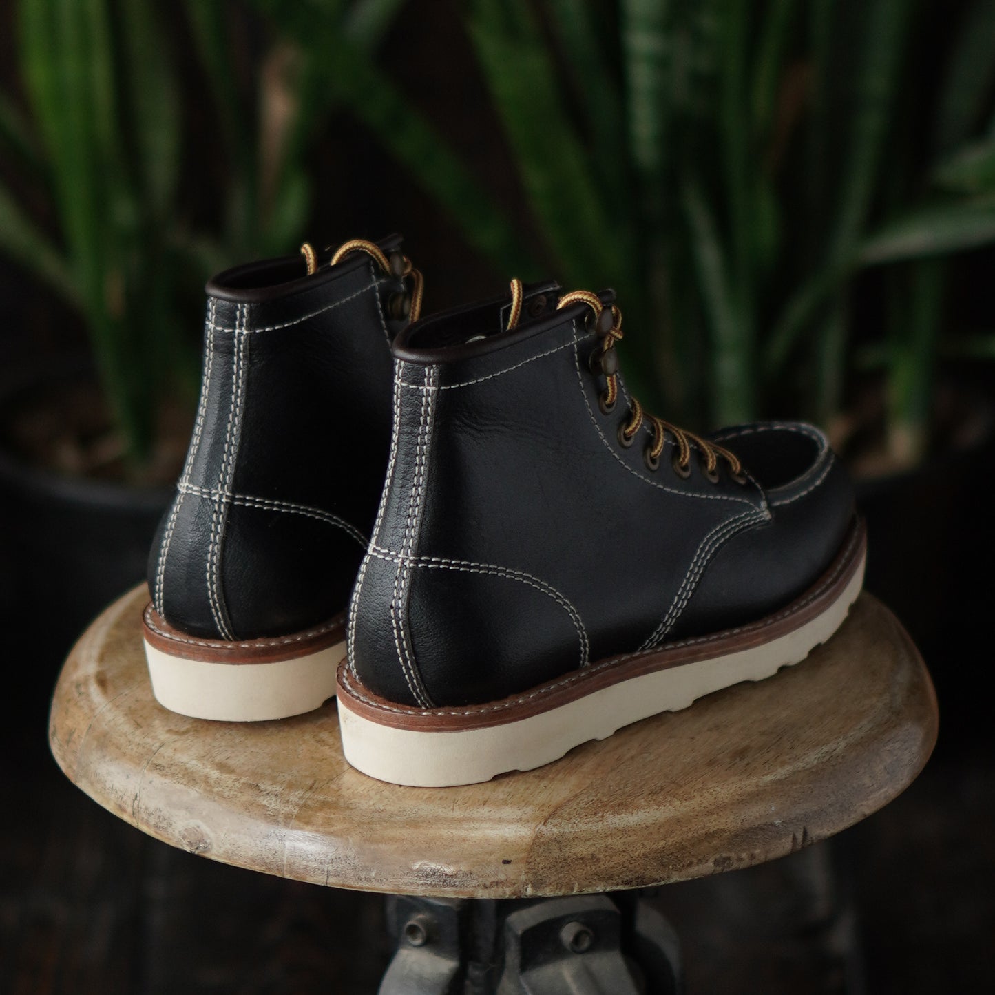 Women Moc-Toe Leather Boots (Raven Black) Goodyear Welted