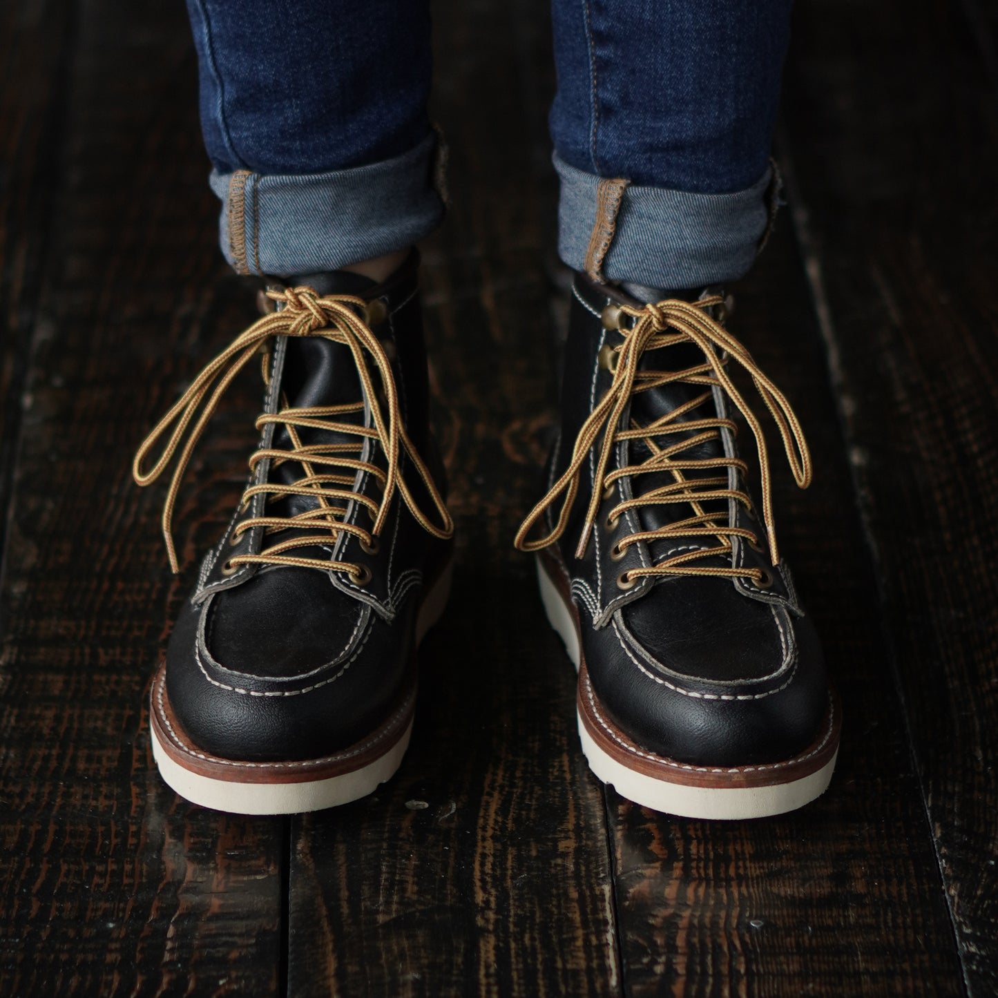 Women Moc-Toe Leather Boots (Raven Black) Goodyear Welted