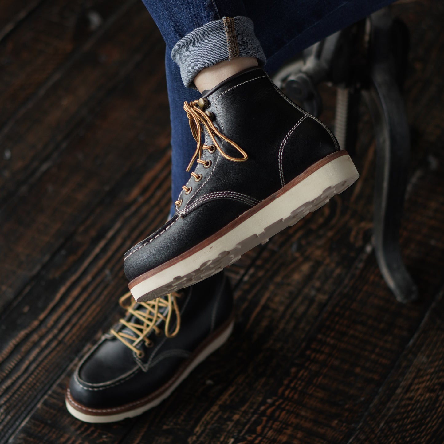 Women Moc-Toe Leather Boots (Raven Black) Goodyear Welted