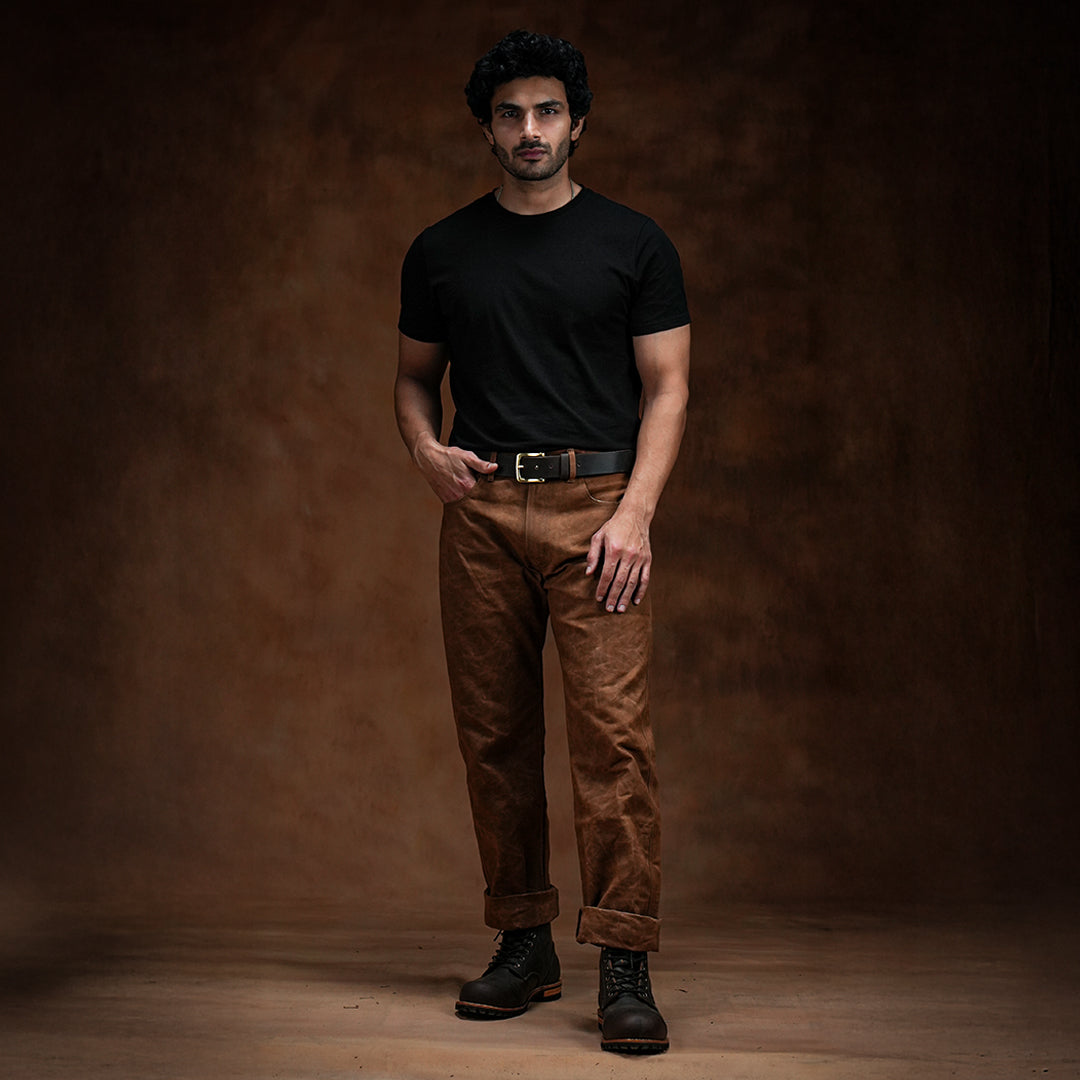 Five Pocket Bear Brown 12 Oz Hard Waxed Canvas Pants For Men (True Straight)