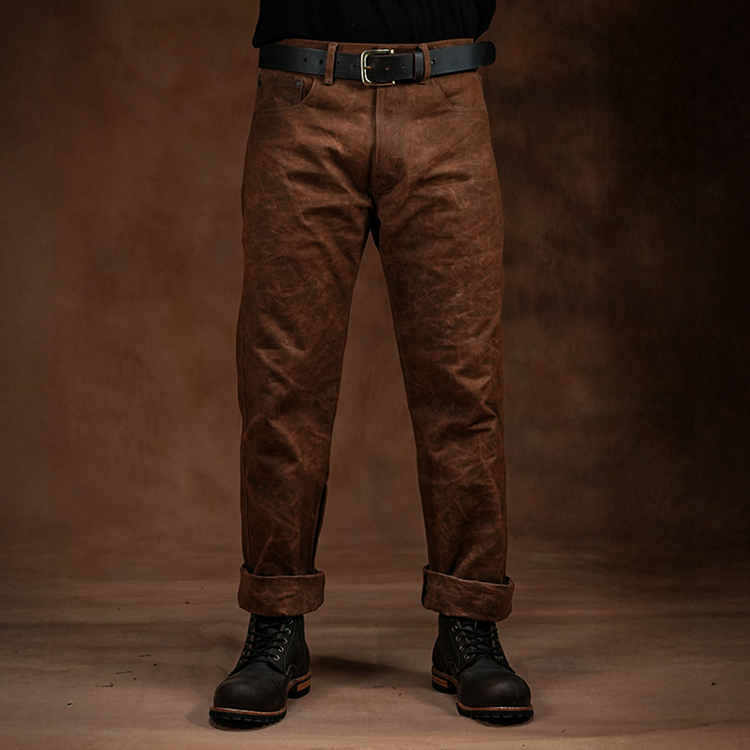 Five Pocket Bear Brown 12 Oz Hard Waxed Canvas Pants For Men (True Straight)
