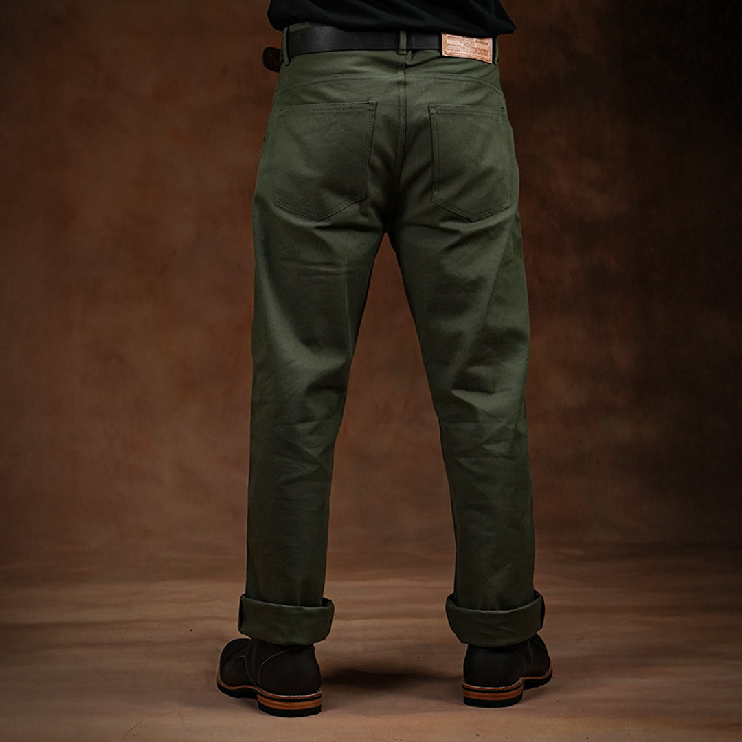 Five Pocket Military Green 12 Oz Selvedge Canvas Pants For Men (True Straight)