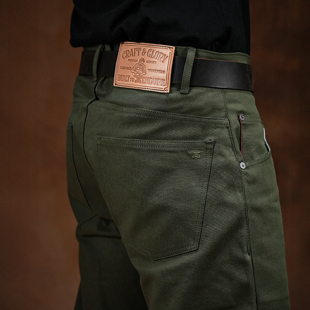 Five Pocket Military Green 12 Oz Selvedge Canvas Pants For Men (True Straight)