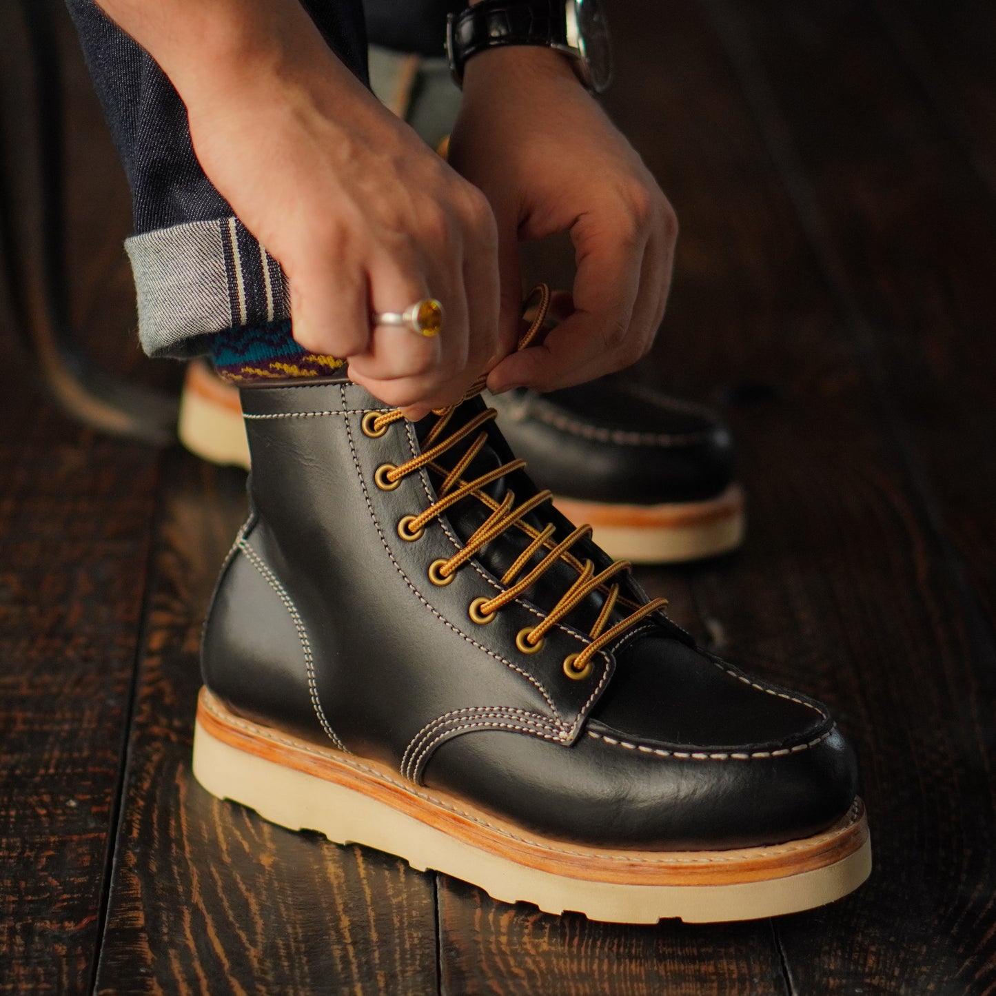 Moc-Toe Leather Boots 6" (Raven Black) Goodyear Welted