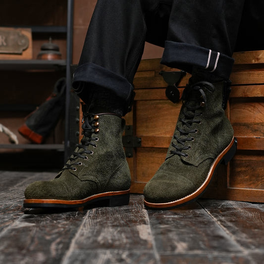 The Brandon Cap Toe Boots (Grizzly Green Roughout) (Munson Last - Goodyear Welted)