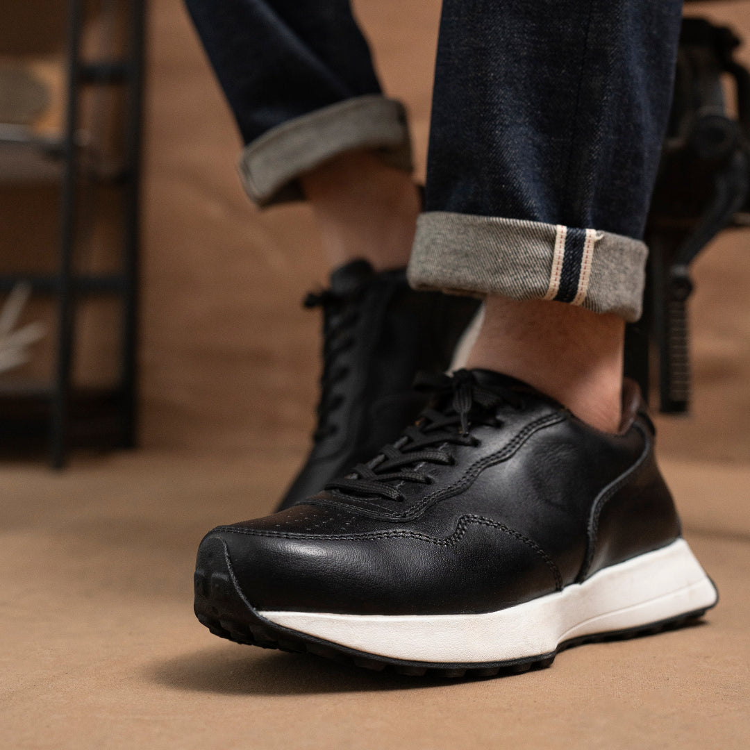 Old Skool Retro Leather Sneakers (Raven Black With White Sole)