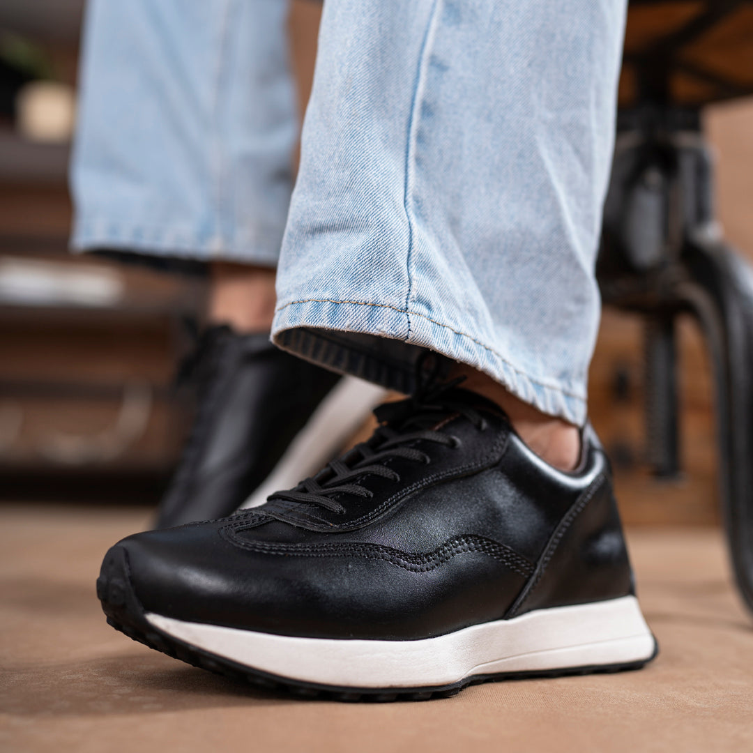 Classic Retro Leather Sneakers (Raven Black With White Sole)