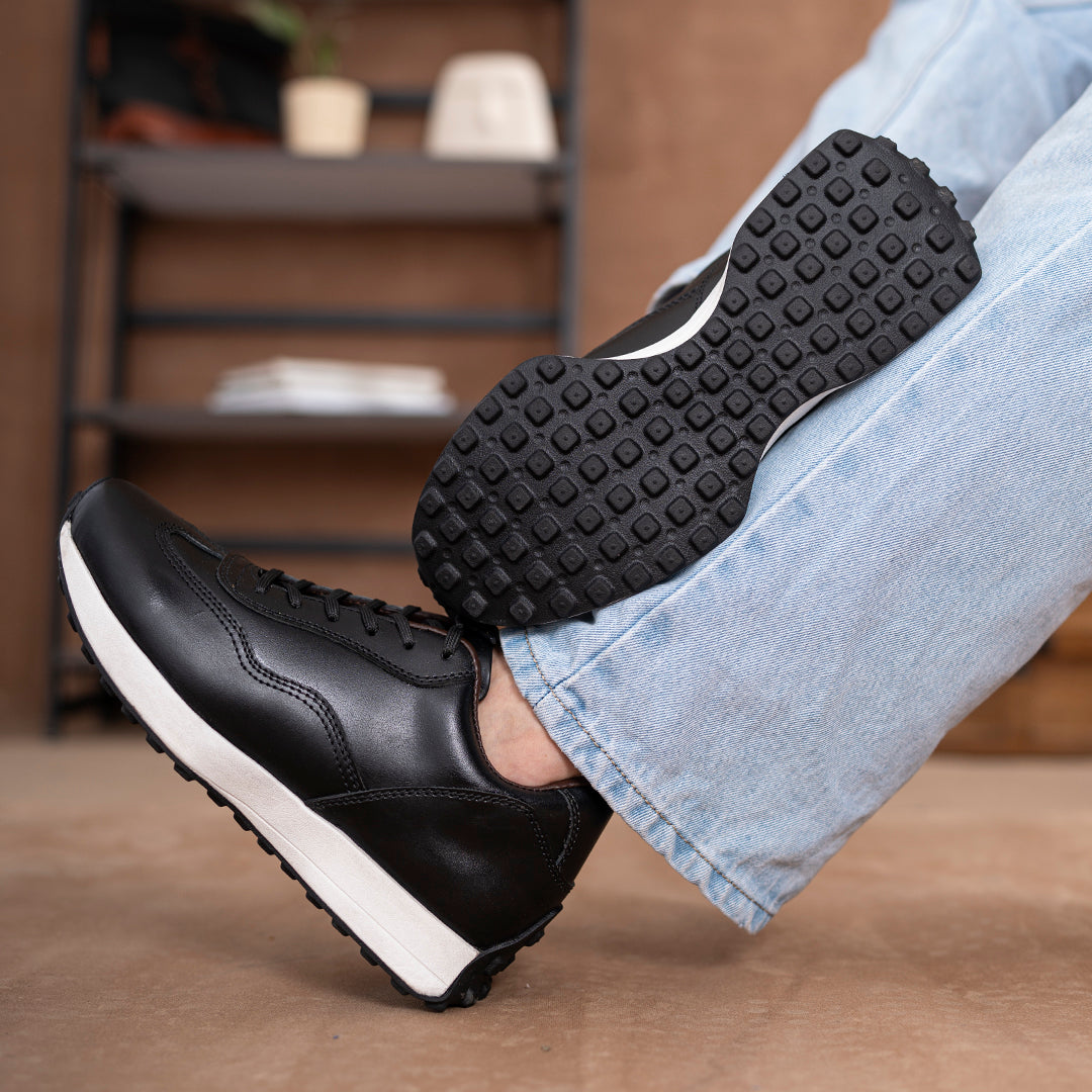 Classic Retro Leather Sneakers (Raven Black With White Sole)