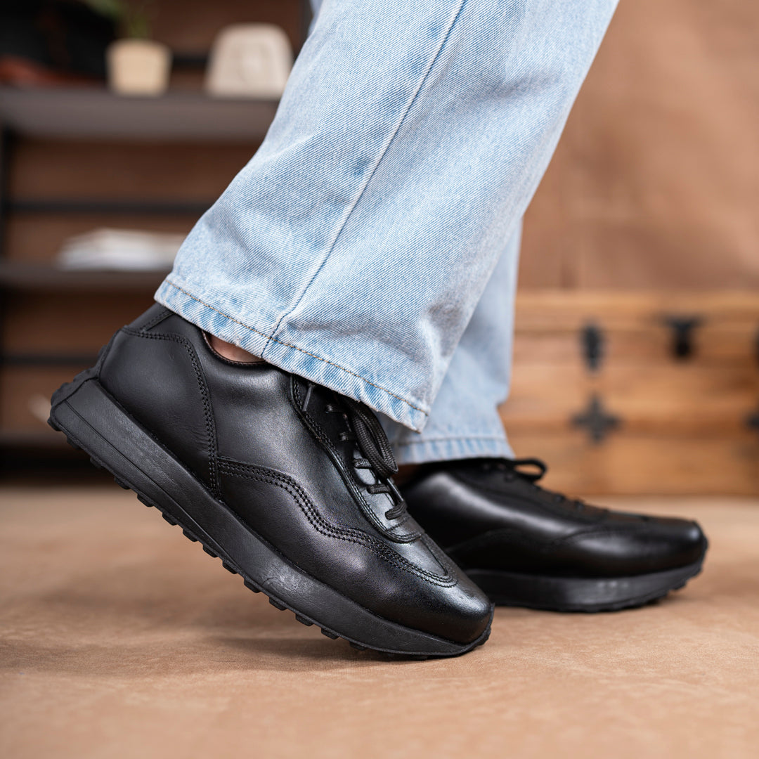 Classic Retro Leather Sneakers (Raven Black With Black Sole)