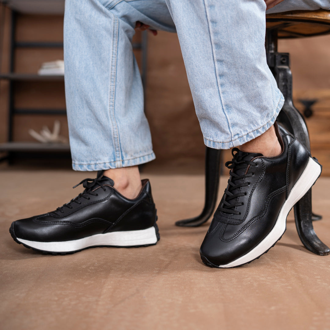 Classic Retro Leather Sneakers (Raven Black With White Sole)