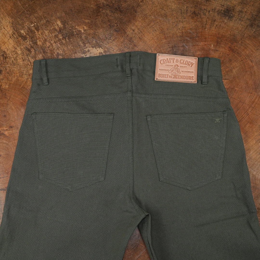 Five Pocket Military Green 12 Oz Selvedge Canvas Pants For Men (True Straight)