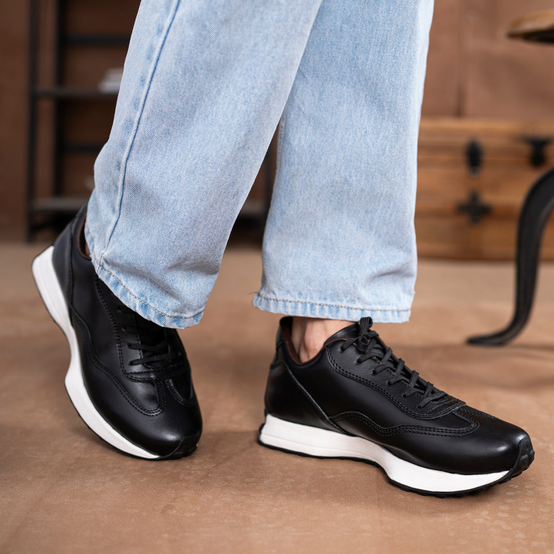 Classic Retro Leather Sneakers (Raven Black With White Sole)