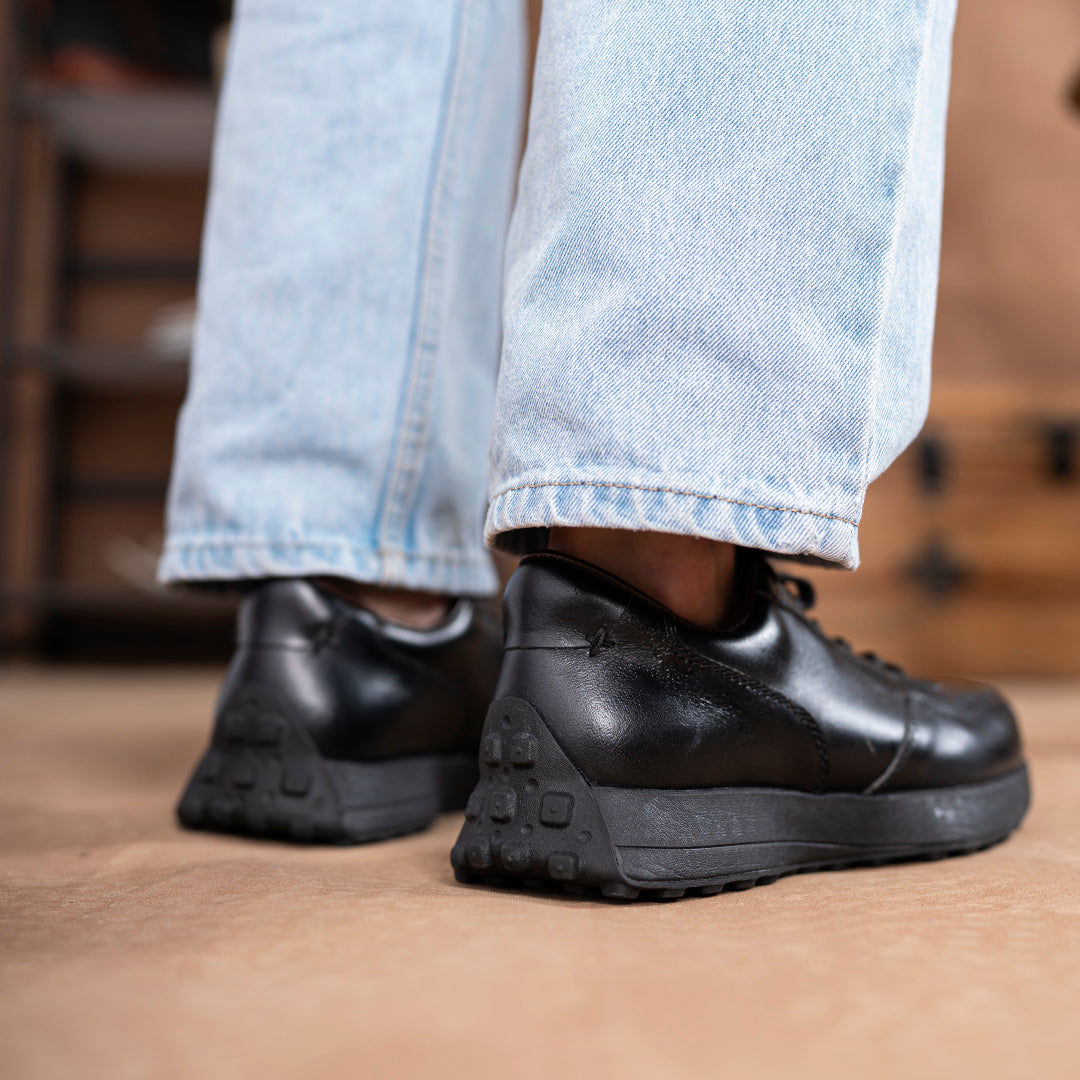 Old Skool Retro Leather Sneakers (Raven Black With Black Sole)