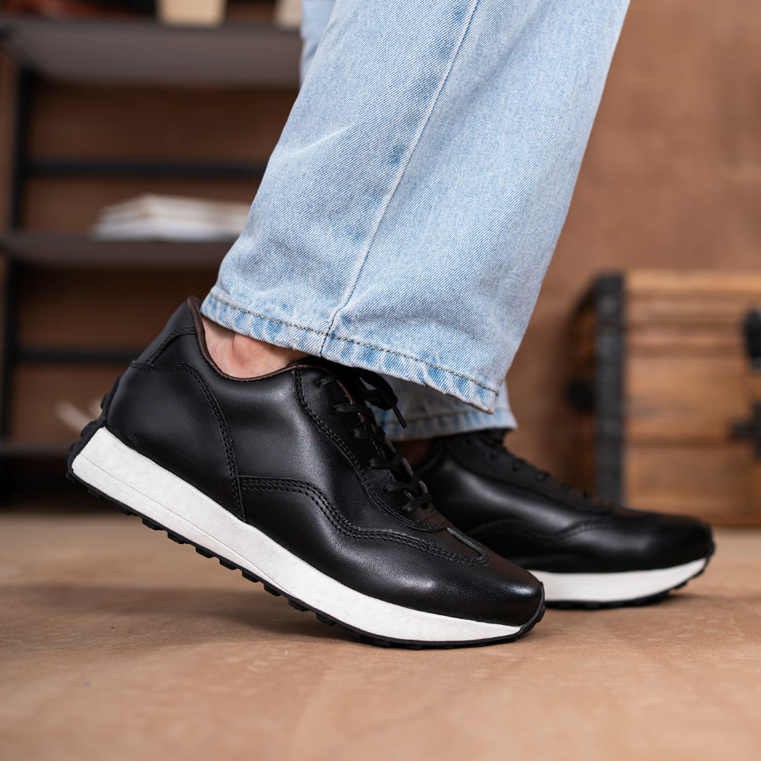 Classic Retro Leather Sneakers (Raven Black With White Sole)