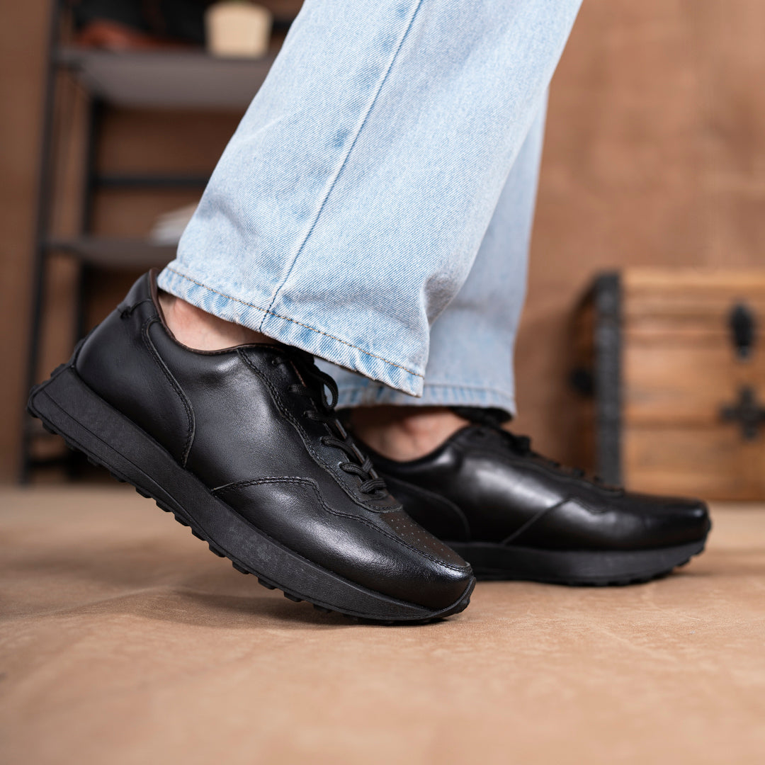 Old Skool Retro Leather Sneakers (Raven Black With Black Sole)