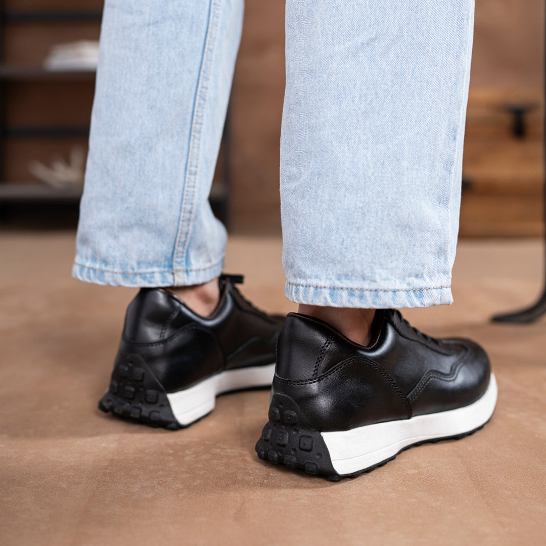 Classic Retro Leather Sneakers (Raven Black With White Sole)