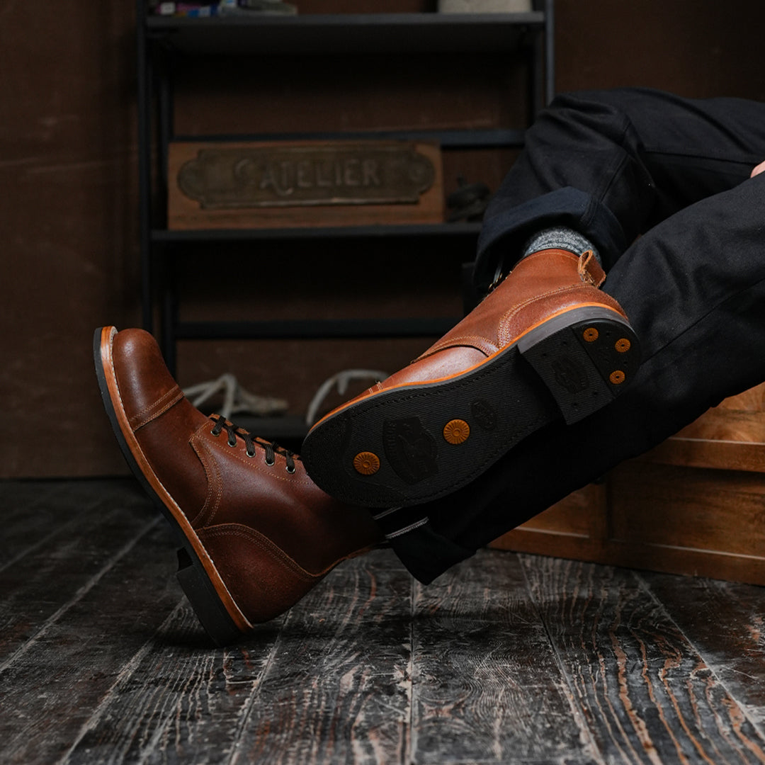 The Brandon Cap Toe Boots (Russet Waxed Roughout) (Munson Last - Goodyear Welted)
