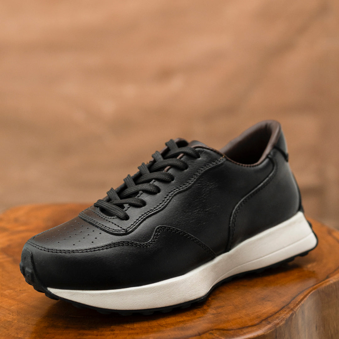 Old Skool Retro Leather Sneakers (Raven Black With White Sole)