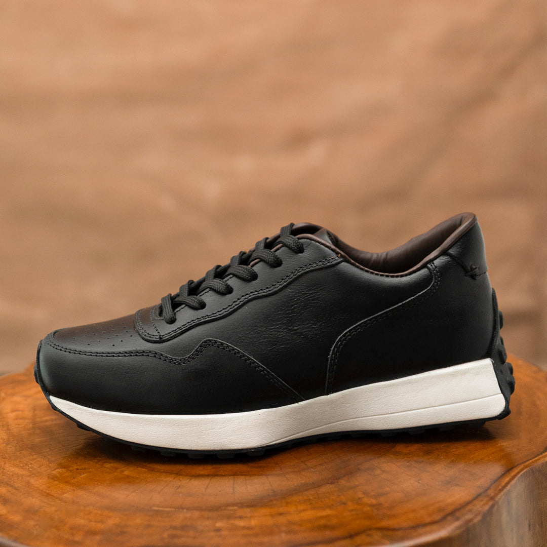 Old Skool Retro Leather Sneakers (Raven Black With White Sole)