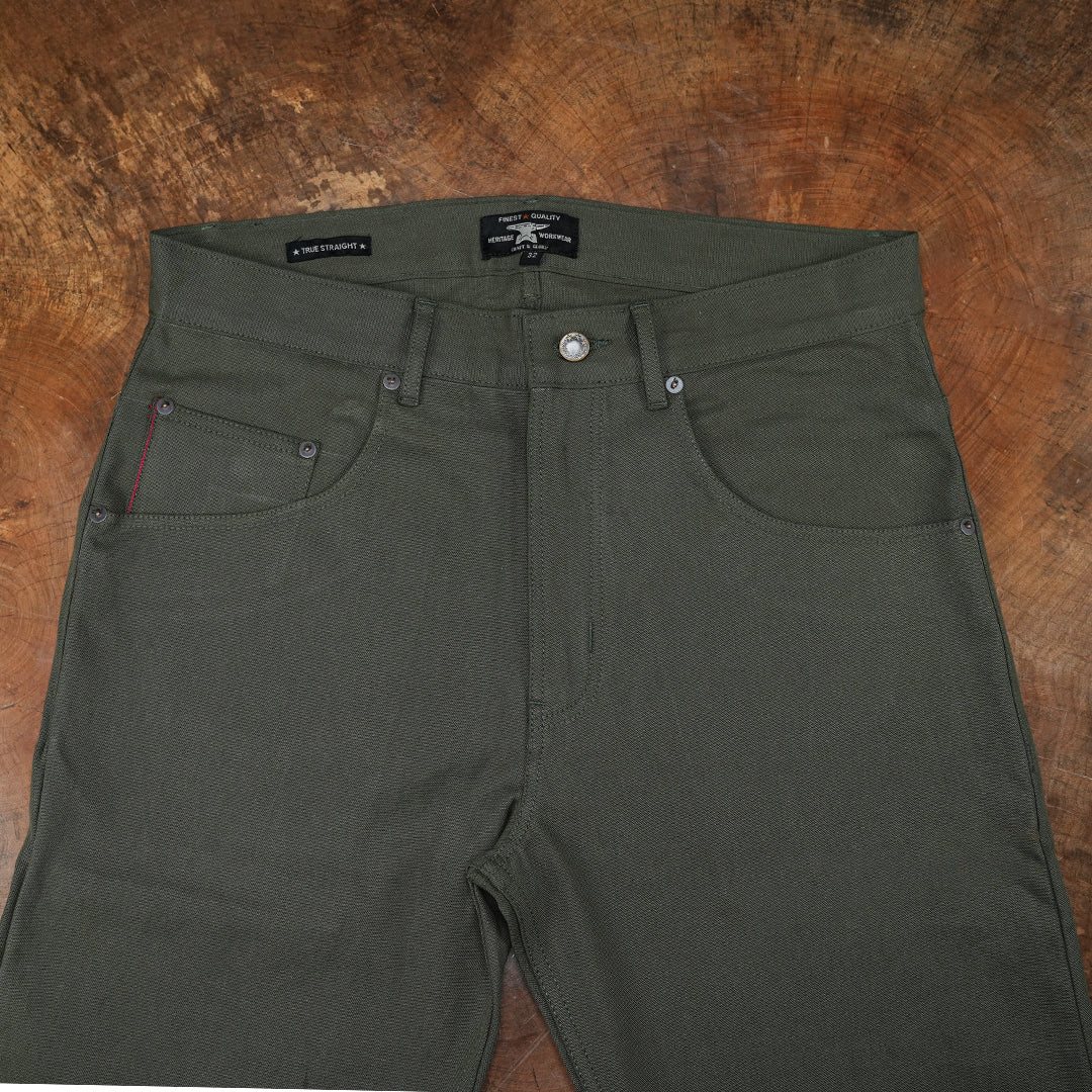 Five Pocket Military Green 12 Oz Selvedge Canvas Pants For Men (True Straight)