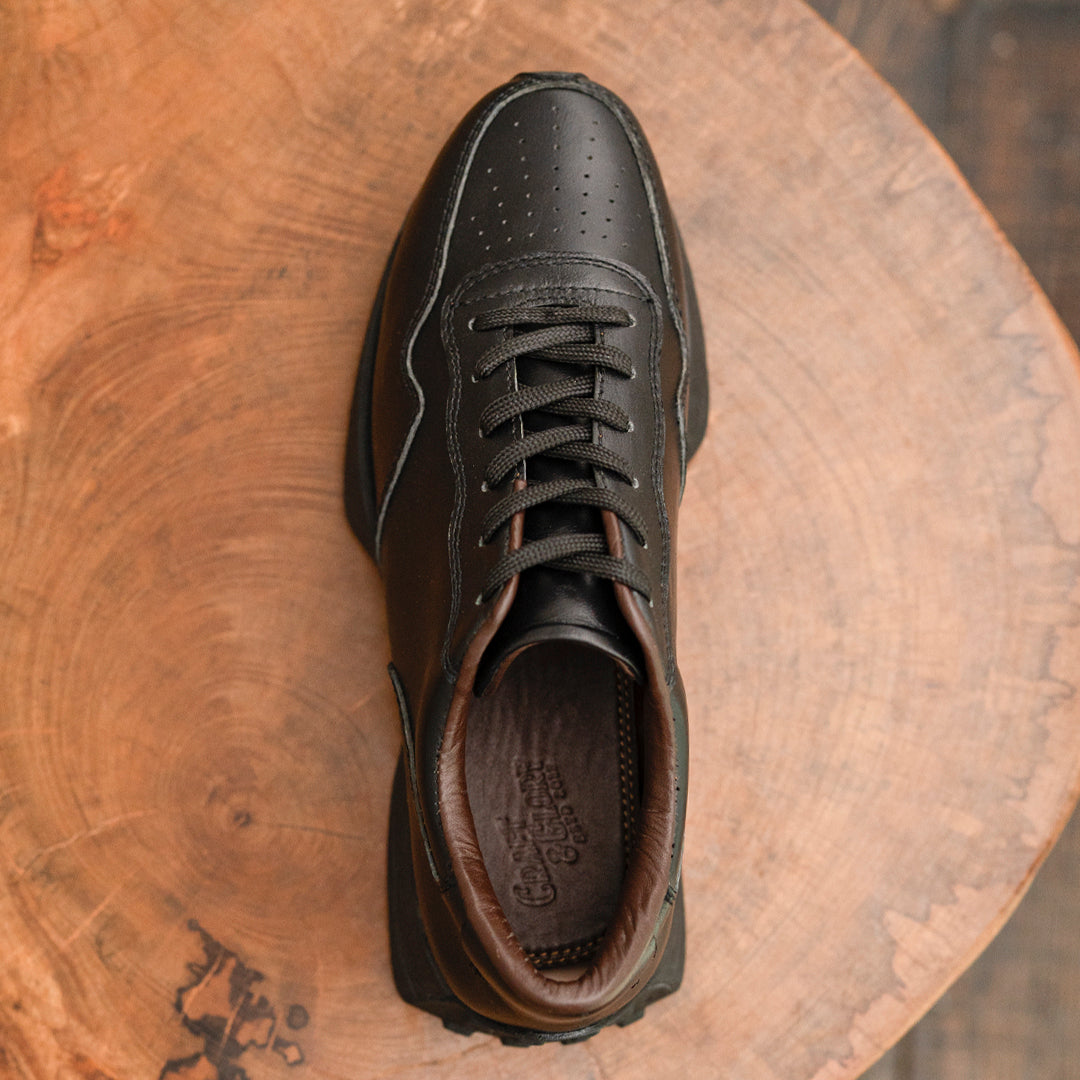 Old Skool Retro Leather Sneakers (Raven Black With Black Sole)