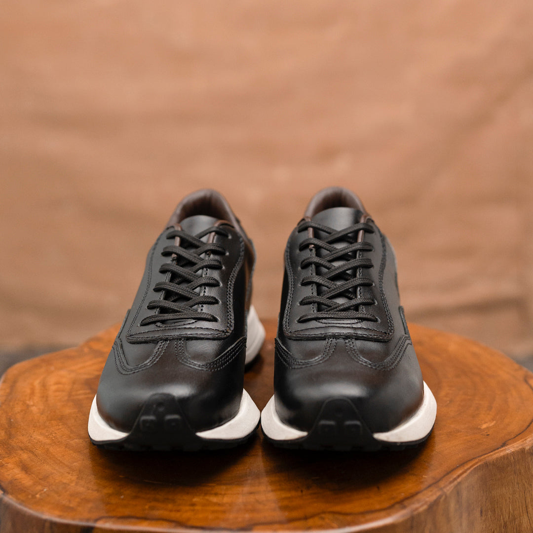 Classic Retro Leather Sneakers (Raven Black With White Sole)