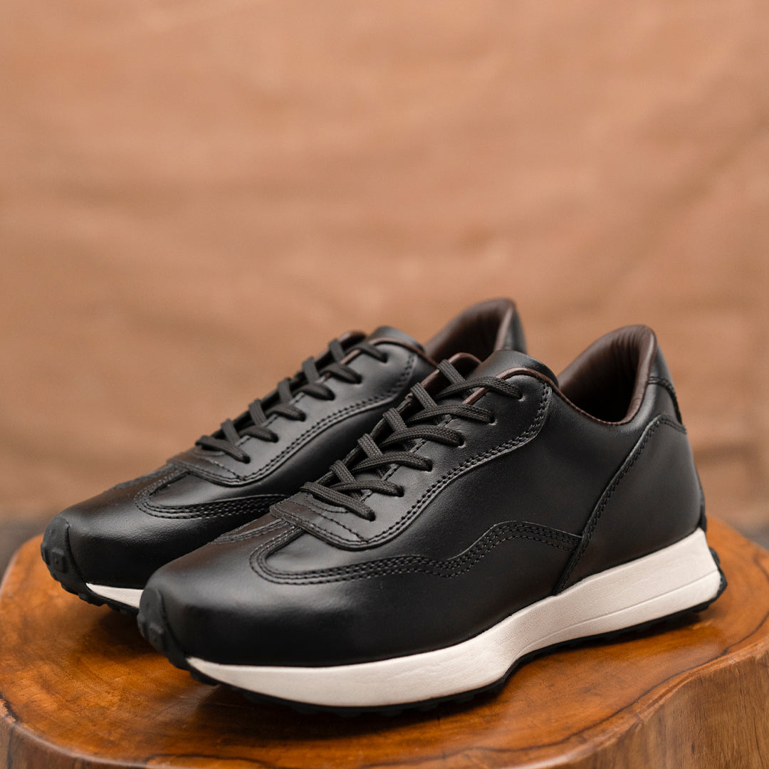 Classic Retro Leather Sneakers (Raven Black With White Sole)